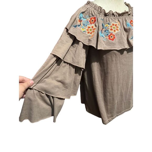 Umgee Embroidered Ruffle Off Shoulder Long Sleeve Ruffle Top Mocha Brown Size M - Picture 2 of 10